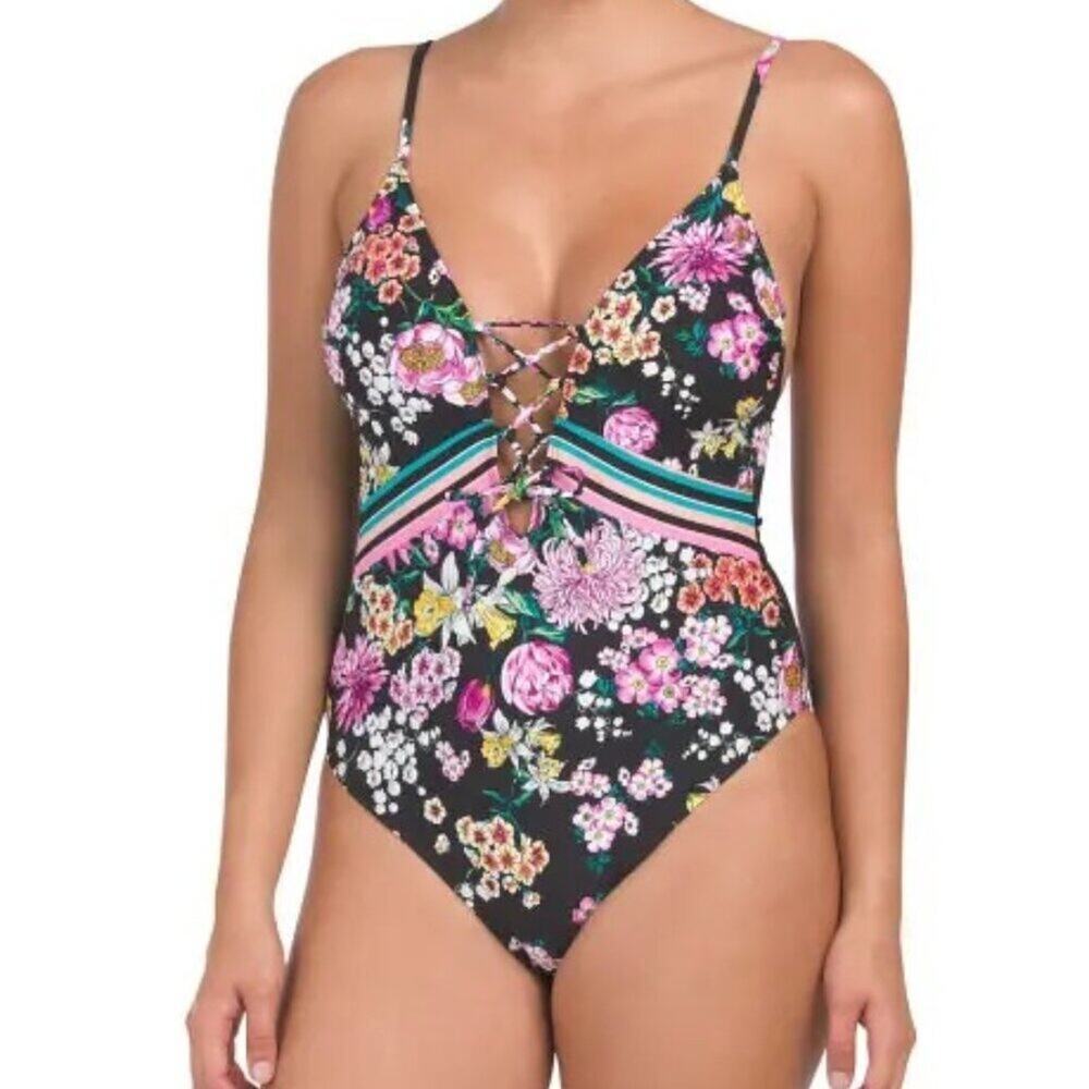 Kenneth Cole Reaction One Piece Swimsuit 1X NWT Floral Lace Up Plunge Plus Size